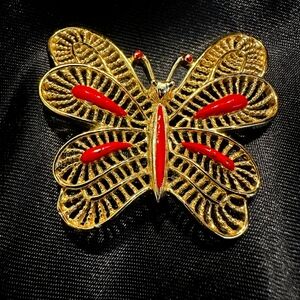 Vintage Gerry's Signed Butterfly Rare Red Enamel Pin Brooch Gold Tone Filigree